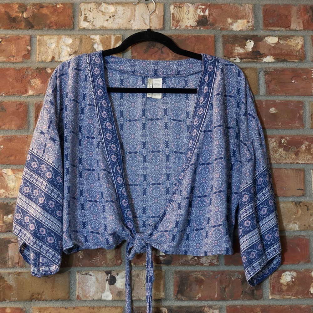 Size M, Pink and Blue Print, Crop Tie-Top